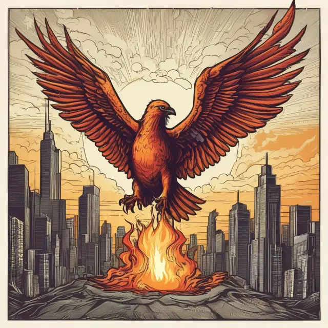 Entrepreneur as a mythical phoenix rising, symbolizing the creative destruction process and the birth of new opportunities