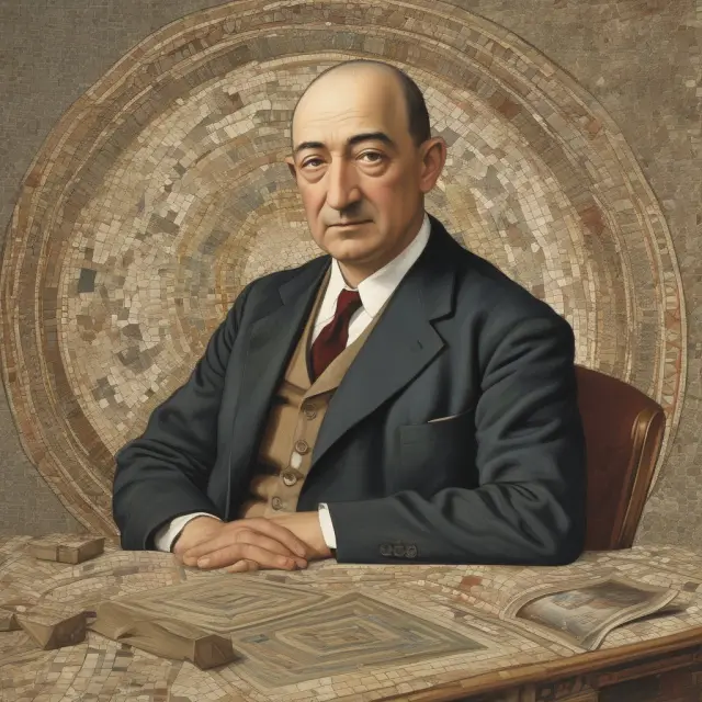 An intricate mosaic depicting Joseph Schumpeter amidst fragments of historical economic concepts, symbolizing his influential but unfinished work on the history of economic analysis