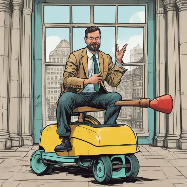 An entrepreneur balancing on a see-saw, representing the debates surrounding Joseph Schumpeter