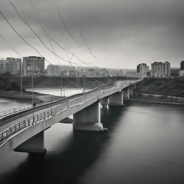 A bridge made of interconnected puzzle pieces on a river, symbolizing the bridging of information gaps and Joseph Stiglitz