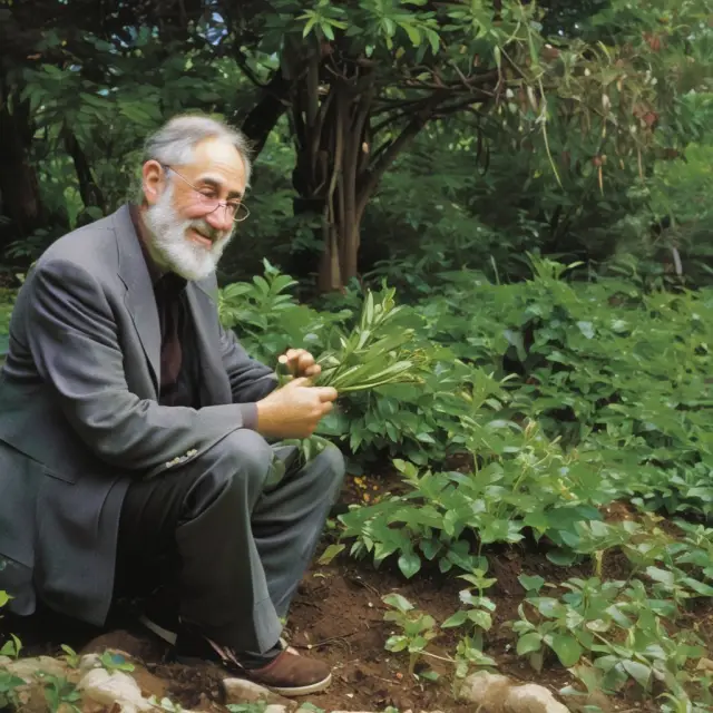 Joseph Stiglitz sows seeds representing innovative economic ideas, surrounded by a diverse group of scholars and economists in a flourishing garden