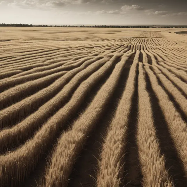 A rolling sea of wheat fields representing stock price trends, with seven fat years symbolizing periods of growth followed by lean years illustrating market downturns