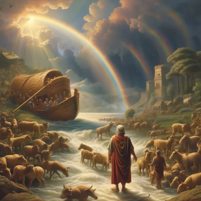 A scene of Joseph interpreting his dream next to Noah in his ark, symbolizing the importance of understanding cycles, including periods of prosperity and adversity in finance.