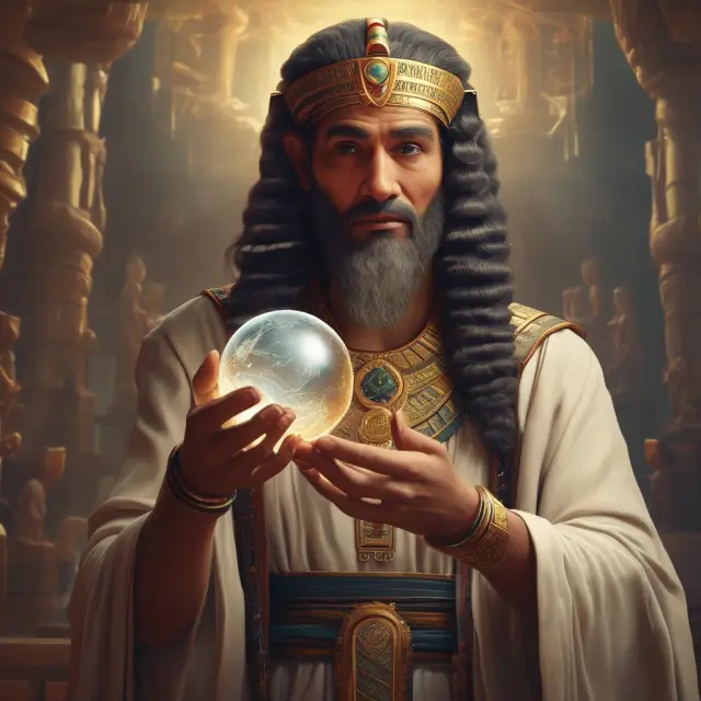 Ancient Egyptian prophet analyzing market trends with golden coins in crystal ball for behavioral finance
