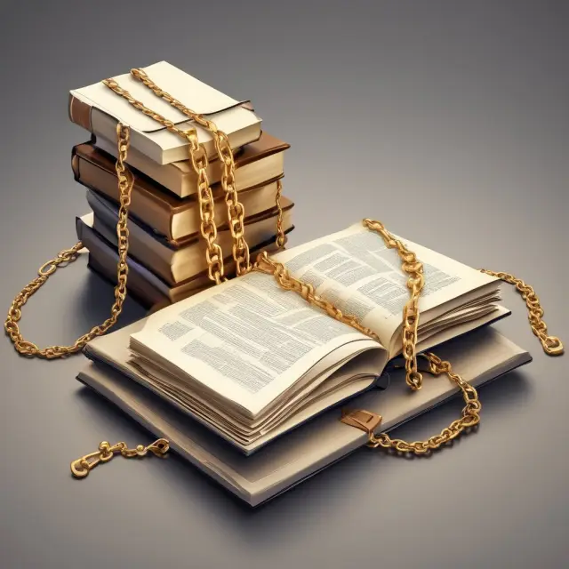 Books representing accounting journals connected with golden chains, symbolizing accurate record keeping and transaction consistency.