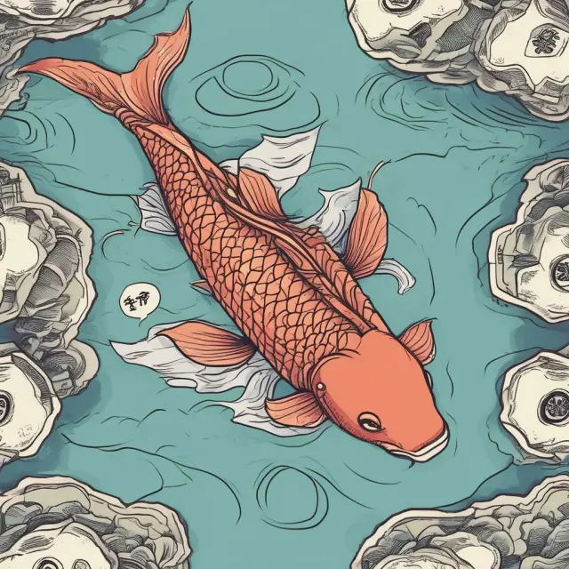 Japanese yen coins and notes flowing as golden koi against a blue wave representing U.S. dollars