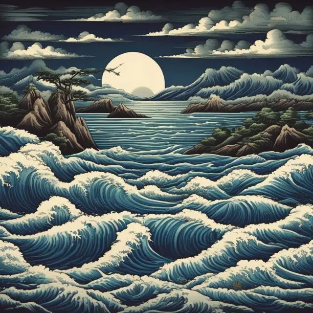 The Japanese yen depicted as turbulent waters symbolizing forex trading, and calm islands representing Exchange-Traded Funds (ETFs)