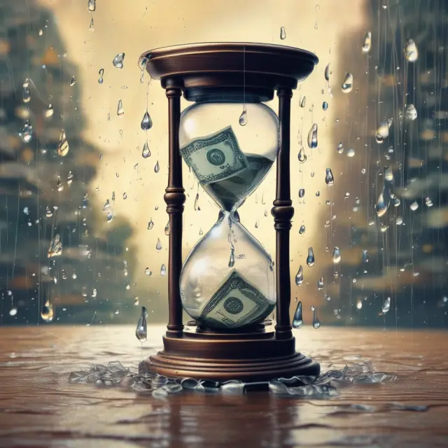A visual representation of converting Japanese yen into U.S. dollars using the current exchange rate, featuring an hourglass with raindrops transforming from JPY to USD.