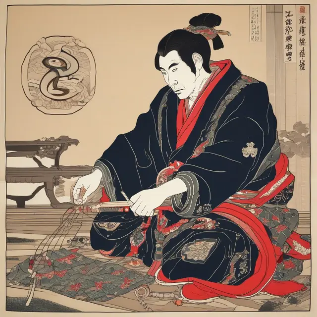 A samurai meticulously crafting a tapestry using threads of Japanese yen. Inflation targets, political instability, economic indicators, fiscal policy, and external factors shape the weaving process.