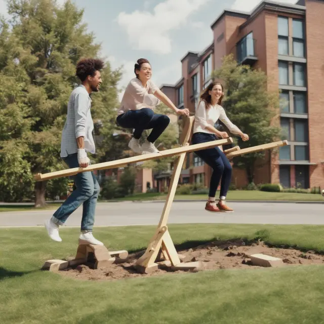 Two tenants balanced on a seesaw representing a property, illustrating equal access and shared ownership in JTC.