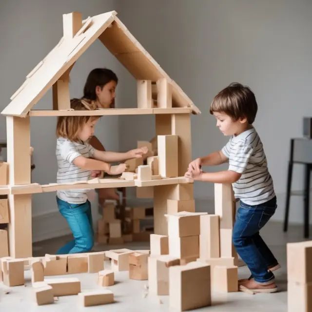 Two siblings working on a house with different-sized building blocks representing unequal financial contributions to joint tenancy