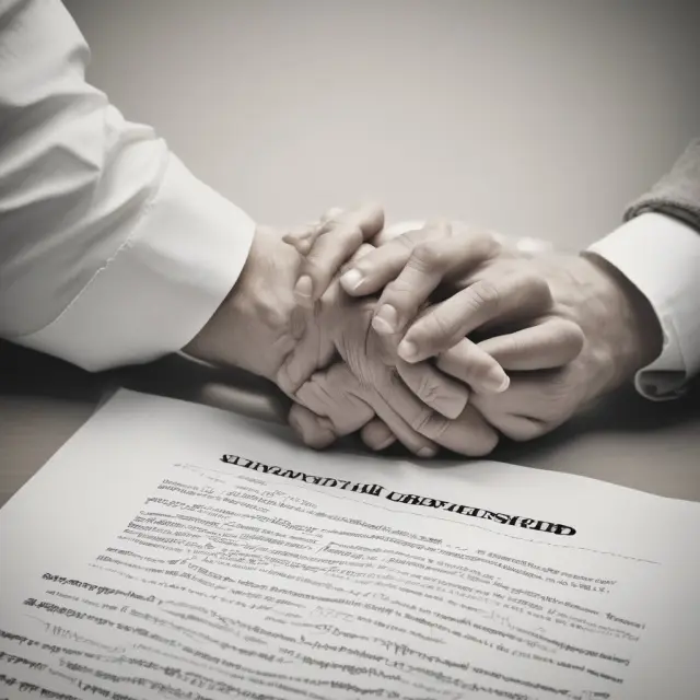 Two hands joining around a property deed, illustrating joint tenancy with right of survivorship for seamless transfer of real estate ownership