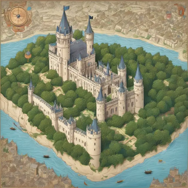 A historic castle adorned with ivy sits atop a map, indicating Cambridge, UK, as the destination. A golden compass directs attention to this prestigious location.