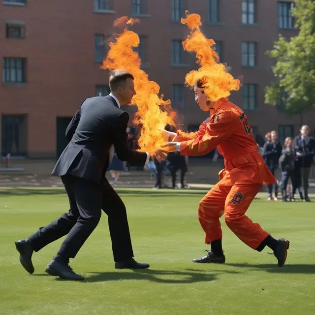 A metaphorical depiction of Cambridge Judge Business School applicants competing in a fiery arena to secure their place, representing the school