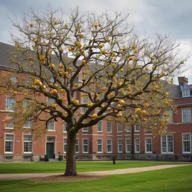 An apple tree adorned with golden fruits symbolizing the successful graduates of Cambridge Judge Business School