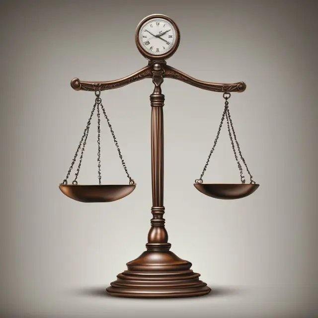 A balanced scale of justice with a ticking clock in the background, representing the importance and time sensitivity of judgments.
