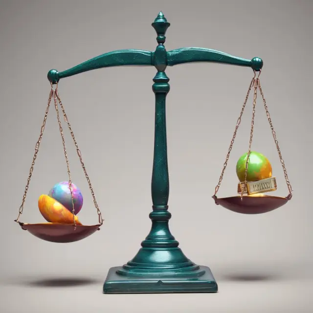 A balanced scale holds an old man representing judgmental analysis, with a set of scales on the other side symbolizing traditional credit scores