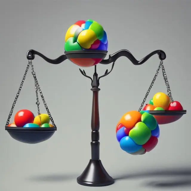 A juggler struggles to balance two scales with inconsistent weights, symbolizing the limitations of judgmental credit analysis and its potential for inconsistency in lending decisions.