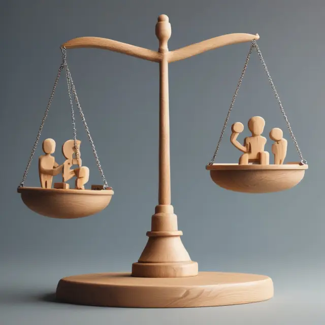 A balance scale holds a human face representing subjective analysis and a FICO score wheel symbolizing objective evaluation, emphasizing the need for balanced credit assessment.
