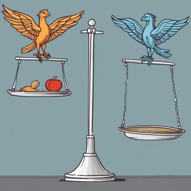 Person weighing judgmental and traditional credit analysis methods while a phoenix emerges symbolizing wise, balanced decision making
