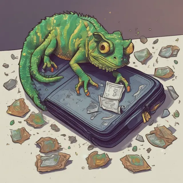 A chameleon representing judgment proof camouflaged with an empty wallet and shattered assets
