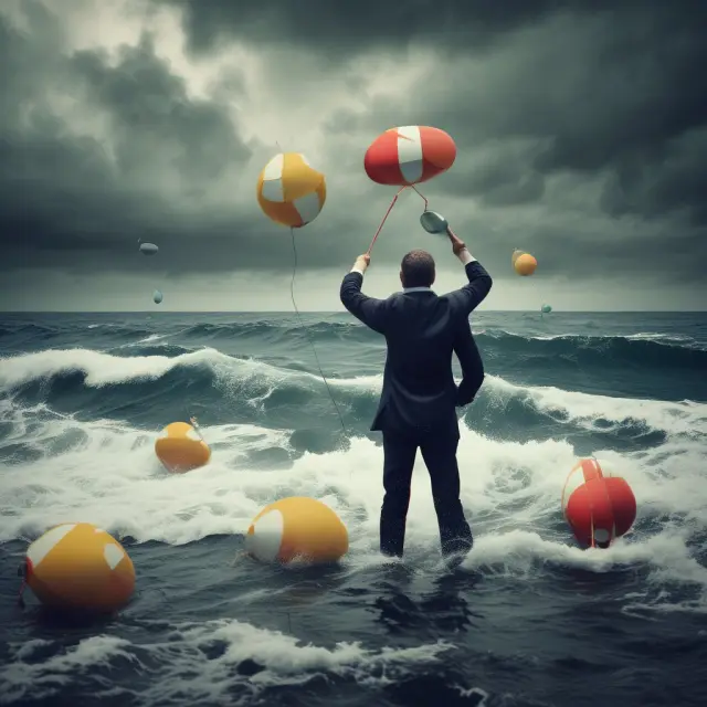 A man clings to buoys representing financial exemptions in a stormy sea symbolizing debt, signifying judgment proof status