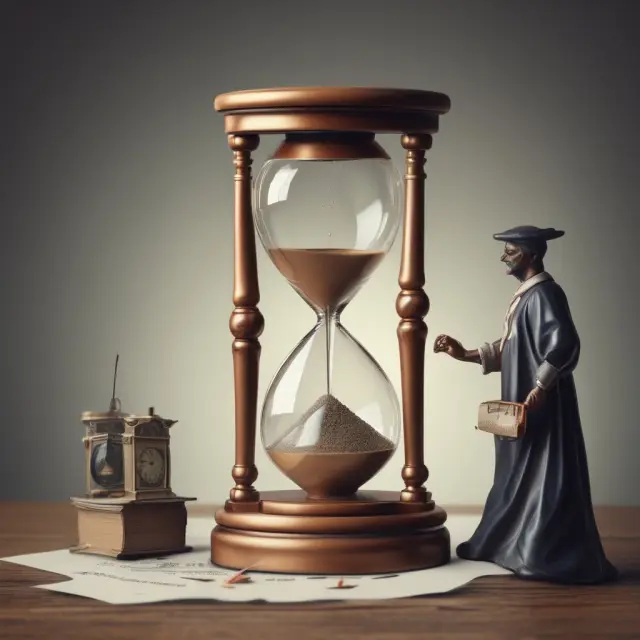 Debtor sitting on a chair, holding hourglass representing the passage of time with judgment papers in background