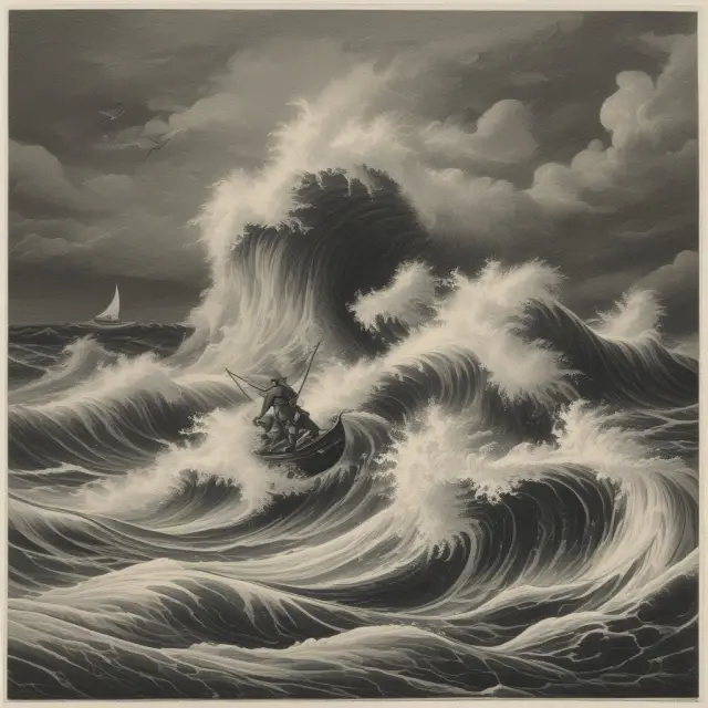 A judgment proof debtor surrounded by turbulent waters, illustrating the challenges of facing unrelenting creditor efforts.