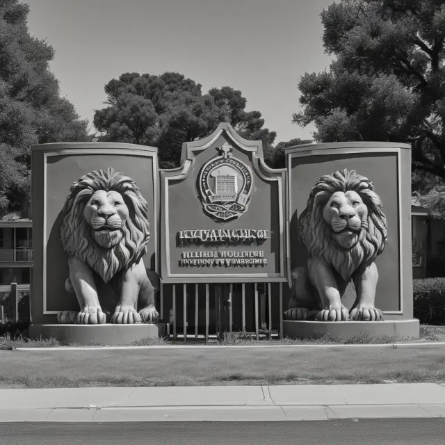Two protective lions guarding a fair housing sign, symbolizing institutional investors shielding against mortgage discrimination