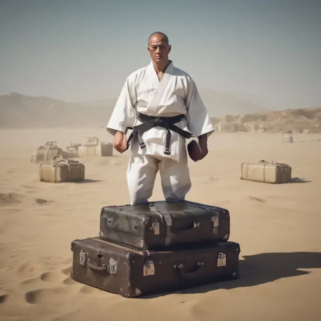 A Judo master engaging opponents in suits, symbolizing small businesses using agility and leverage to counterbalance larger competitors.
