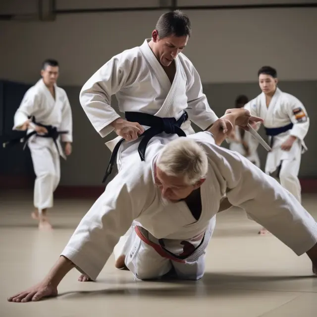 A judo master skillfully applying pressure to an opponent, symbolizing the use of leverage in business to turn competitors