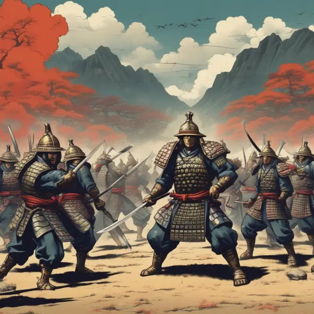 A samurai warrior examines towering competitors in a battlefield setting, illustrating the challenges and limitations of implementing a Judo business strategy.