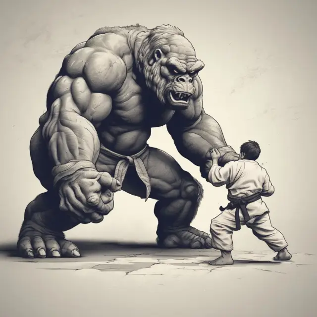 A small judo warrior battles a colossal opponent, showcasing the agility and adaptability of a judo business strategy against larger competitors