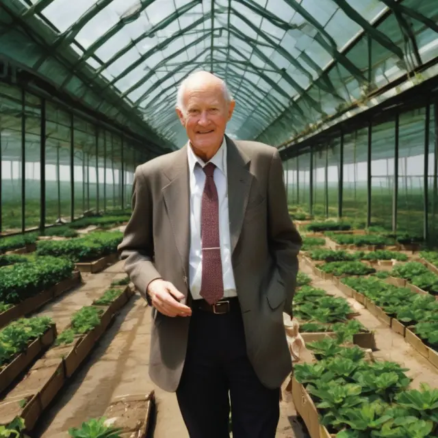 Julian Robertson mentoring hedge fund managers (Griffin, Halvorsen, Coleman, Mandel) in a greenhouse, symbolizing growth and nurturing