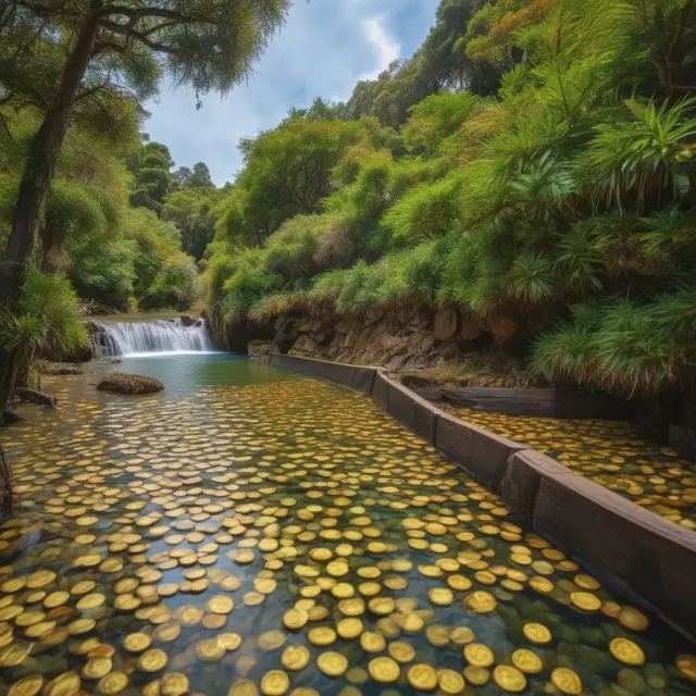 Imagined image of Julian Robertson in New Zealand, surrounded by lush nature and gold coins, symbolizing his personal life