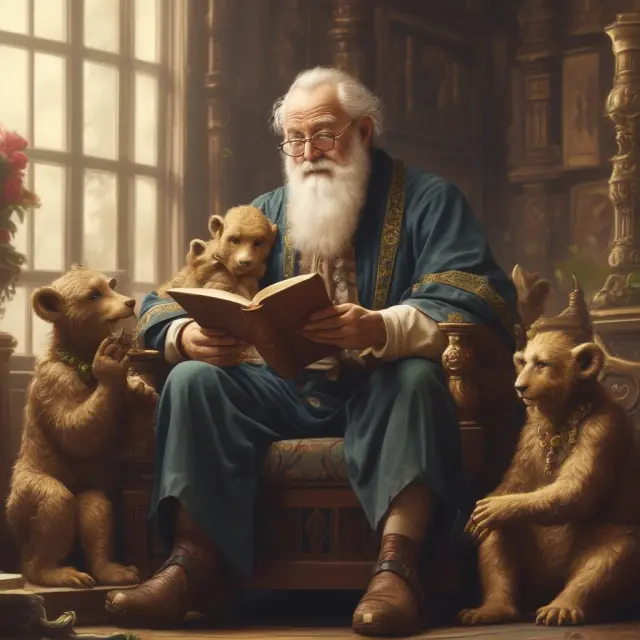 An elderly man, Julian Robertson, imparts wisdom to a group of younger investors, symbolizing his role as a mentor to successful hedge fund managers