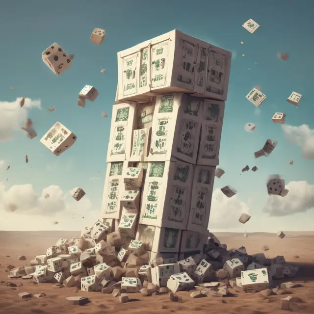 An image of a towering government-backed dice tower with mortgages falling off as it tumbles down, symbolizing the risks involved in investing in Jumbo Pools.
