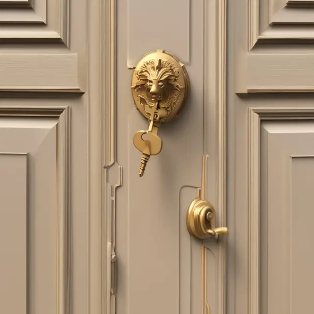 Golden key in hand opens a grand mansion