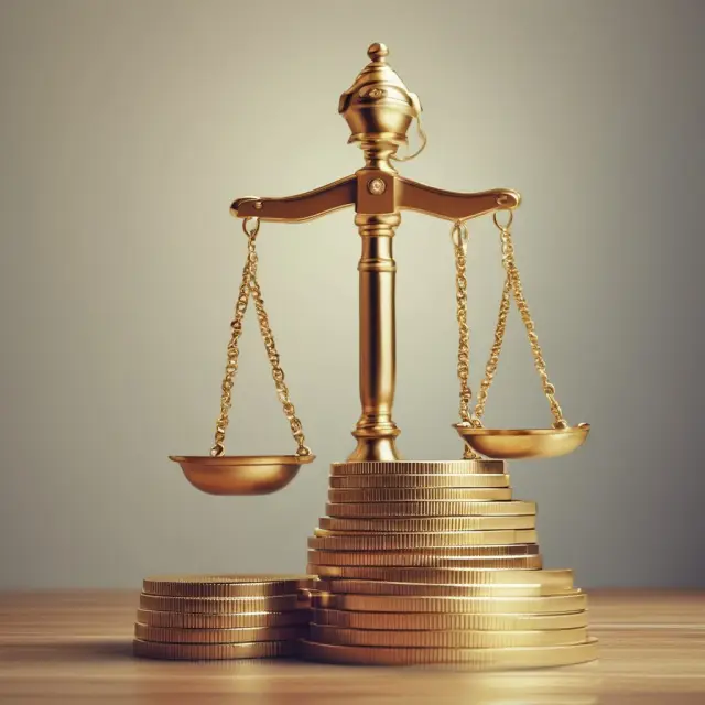 A golden scale balances the risks and rewards of making a large down payment on a jumbo loan, showcasing lower mortgage payments, equity build-up, and avoiding PMI.