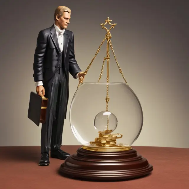 A person with a briefcase and suit evaluating a jumbo loan on a golden scale while considering tax implications through a crystal ball