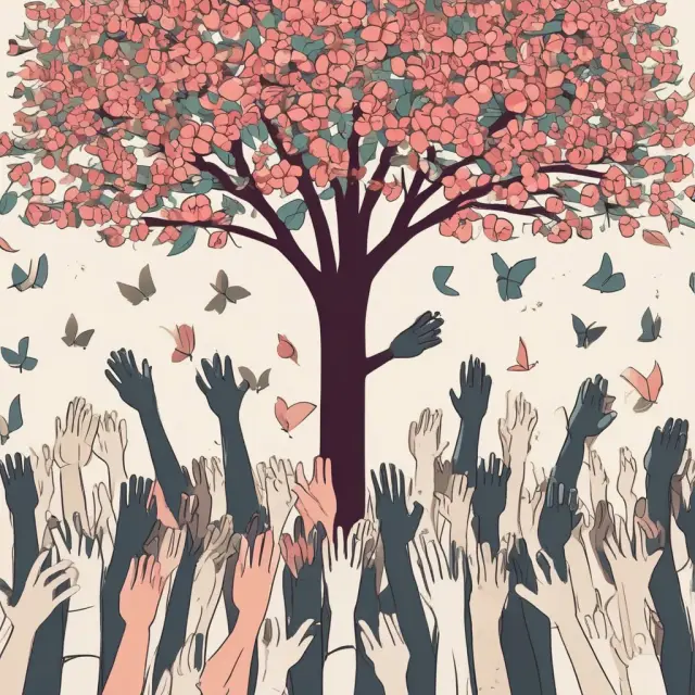 A vibrant tree with a crowd of hands reaching towards it, representing the expansion of funding opportunities through the JOBS Act for crowdfunding and retail investors