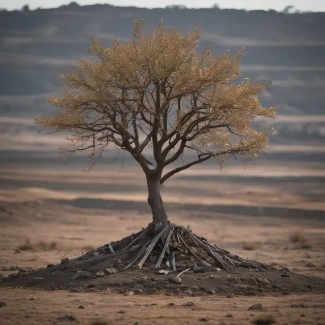 An image of a young tree growing from a minefield using mining tools as support, signifying the challenges and rewards for junior companies in the resources sector.