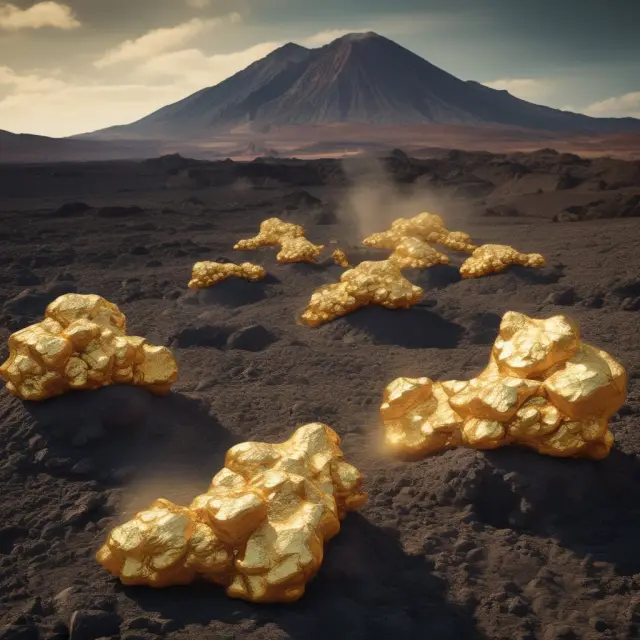 An image of golden nuggets erupting from the crater of a volcano, representing the potential rewards and high risks associated with junior company investments.