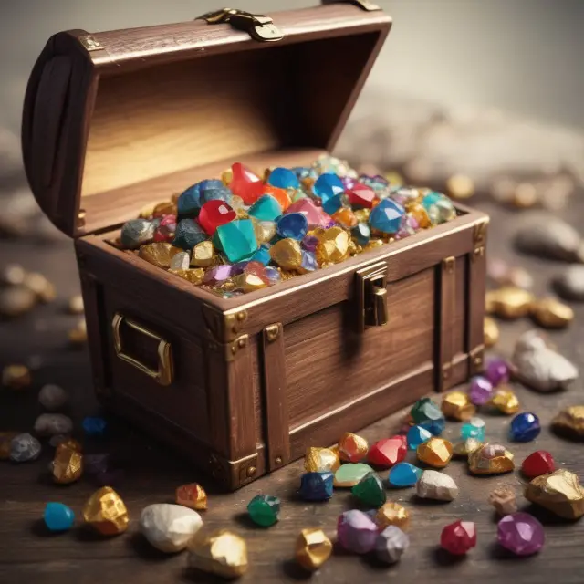 Golden treasure chest filled with various gemstones and gold nuggets, representing the potential rewards from investing in junior mining and resource exploration companies.