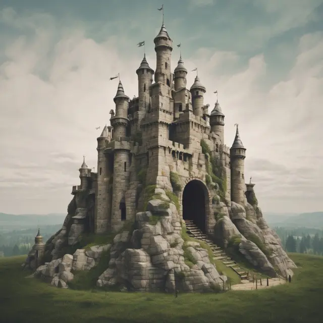 An image of a stone castle representing senior debt looming over fragile wooden structures symbolizing junior debt in the financial landscape