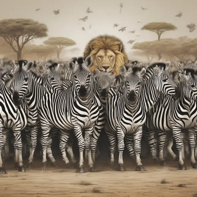 Golden lion leading a zebra herd (junior debt) among senior debt represented by lions
