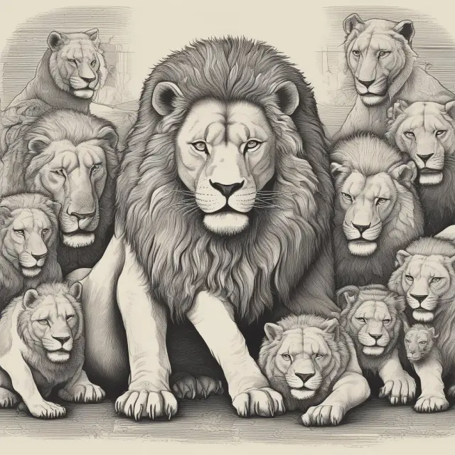 A meek lion representing junior equity positioned at the back, surrounded by dominant senior debt lions illustrating the priority structure in financial compensation
