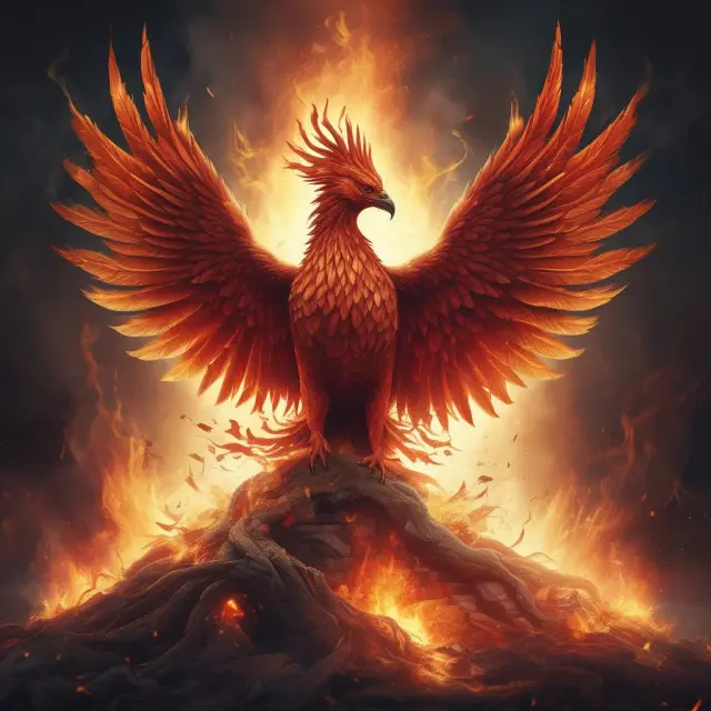 A mythical Phoenix emerging from flames with a juniors equity certificate in its beak, representing resilience and long-term investment growth.