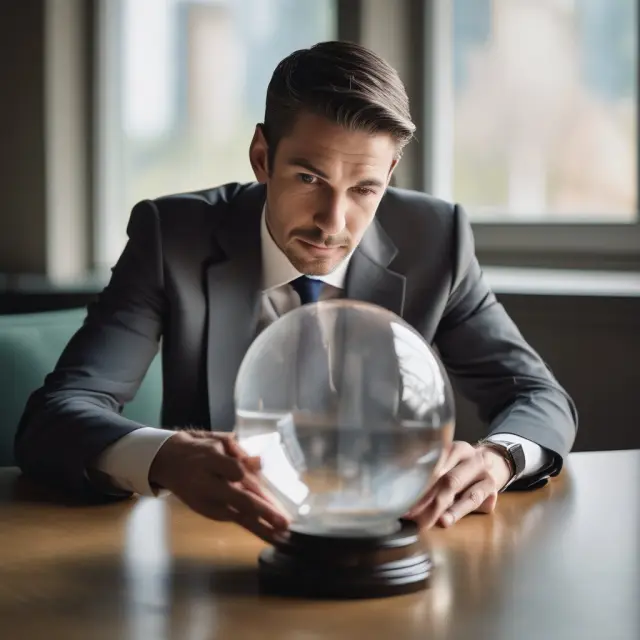 An institutional investor studying junior mortgages through a crystal ball, contemplating tax implications and evaluating potential default rates.