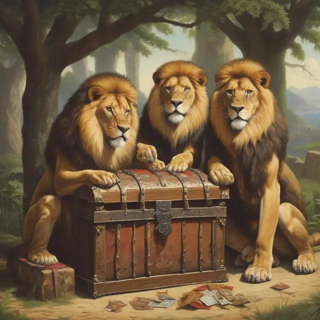 Three senior lion figures protecting a treasure chest filled with various senior securities: bonds, debentures, and preferred shares